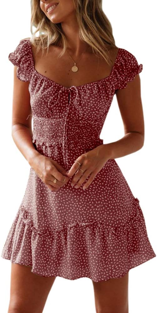 YOBECHO Women Summer Sundress Cap Sleeve Sweetheart Neck Print Mini Dress | Sundresses, Smocked Waist, Boho Floral, Flowy Ruffle Hem, Beach, Country Concert, Date Night