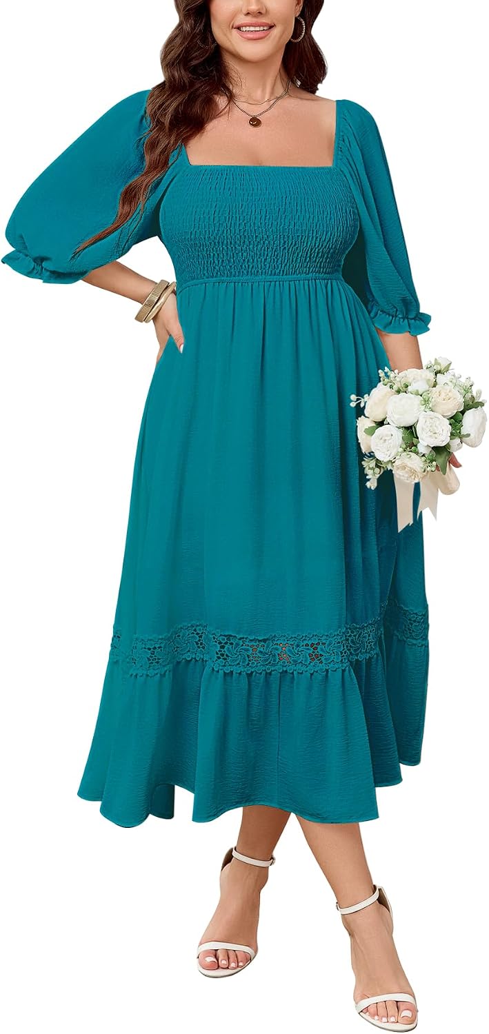SCOMCHIC Womens 2026 Plus Size Fall Dresses White Bridal Shower Maxi Dress | Square Neck, Smocked, Spring, Flowy A-Line, Lace Trim, Boho, Wedding Guest, Tea Party Dress
