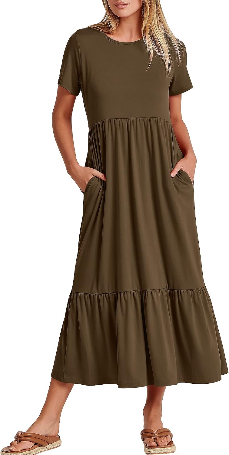 ANRABESS Womens 2026 Summer Casual Short Sleeve Maxi Dress with Pockets | A-Line Tiered Flowy Crewneck T Shirt Dresses，Comfy Modest Long Dress，Beach Travel Vacation Sundress，Work Teacher Outfits