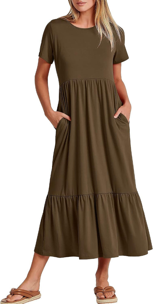ANRABESS Womens 2026 Summer Casual Short Sleeve Maxi Dress with Pockets | A-Line Tiered Flowy Crewneck T Shirt Dresses，Comfy Modest Long Dress，Beach Travel Vacation Sundress，Work Teacher Outfits