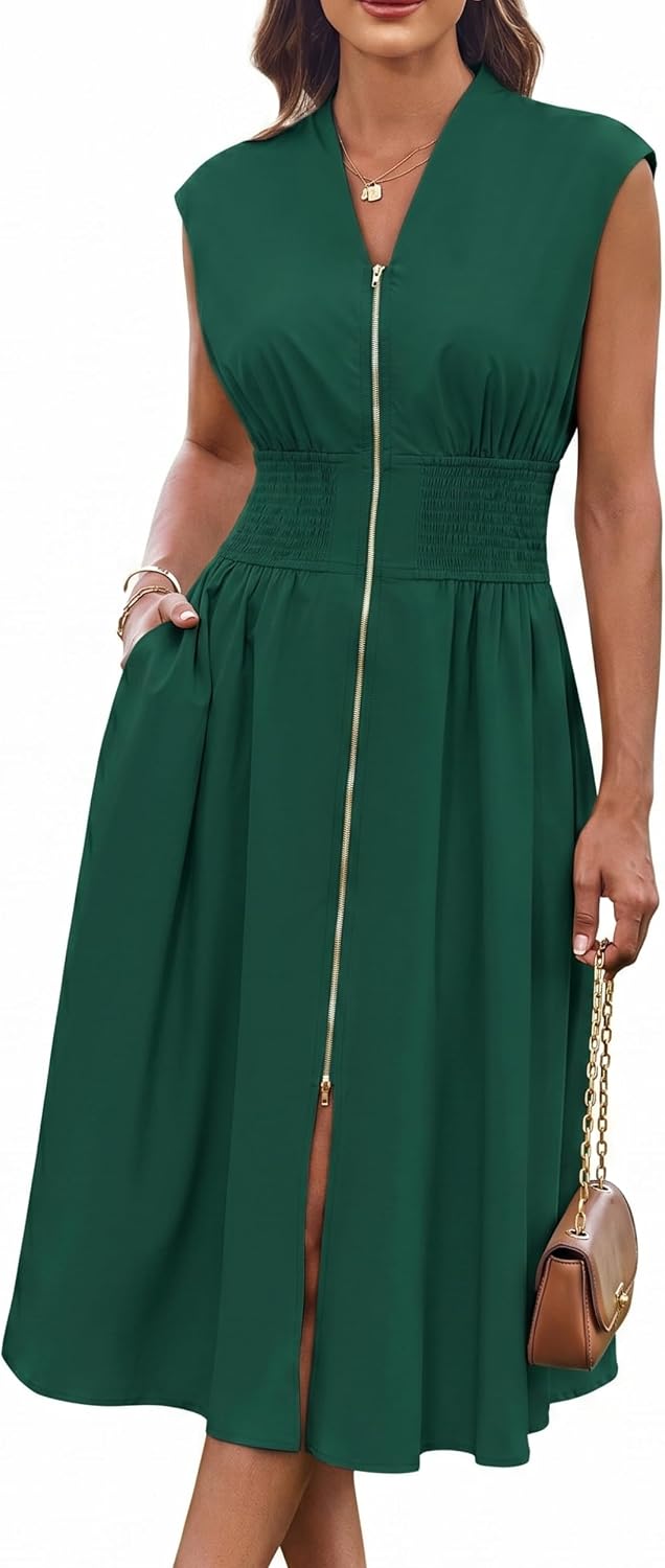 GRACE KARIN Womens Casual Dress, Business Office Work Homecoming Dresses | 2026, Cap Sleeve, Zipper Front, V Neck, Professional, Knee Length, Sleeveless, Flowy, Midi, Fall, Formal, Wedding, Hoco