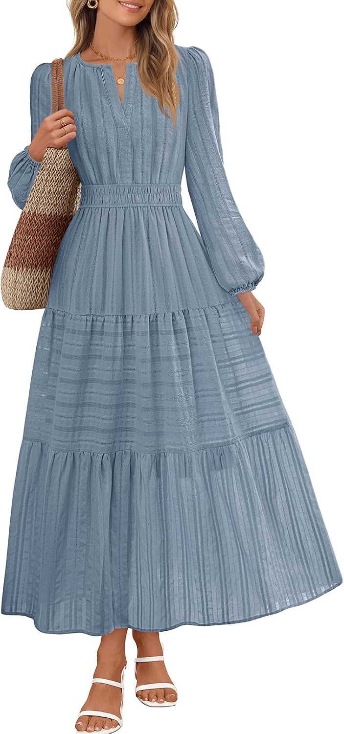 MEROKEETY Womens Fall Puff Long Sleeve Casual V Neck Modest Midi Maxi Dress | 2026, Cotton, with Pockets, Eyelets, Shirred Waist, Tiered, Lined, Winter, Boho, Relaxed Fit, Church, Elegant, Bridal Shower