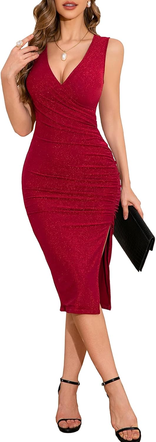 ihot 2026 Women's Sexy V Neck Sleeveless Side Slit Ruched Bodycon Faux Wrap Party Cocktail Work Midi Dress