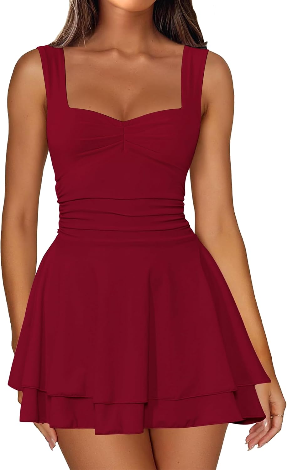 IWD Women's Square Neck Sleeveless Mini Dress Corset A Line Short Dresses | Ruched Waist Flowy Tiered Ruffle Hem Party Dresses