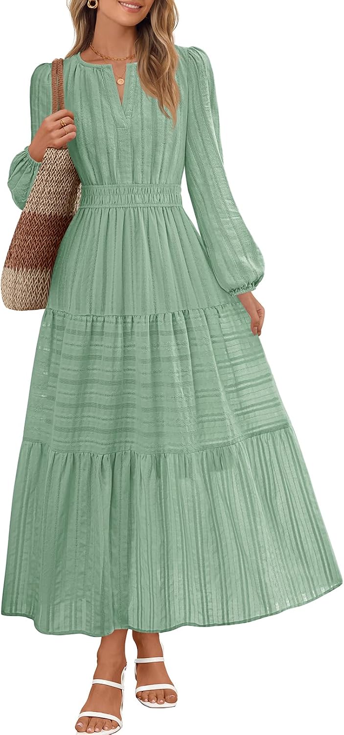 MEROKEETY Womens Fall Puff Long Sleeve Casual V Neck Modest Midi Maxi Dress | 2026, Cotton, with Pockets, Eyelets, Shirred Waist, Tiered, Lined, Winter, Boho, Relaxed Fit, Church, Elegant, Bridal Shower