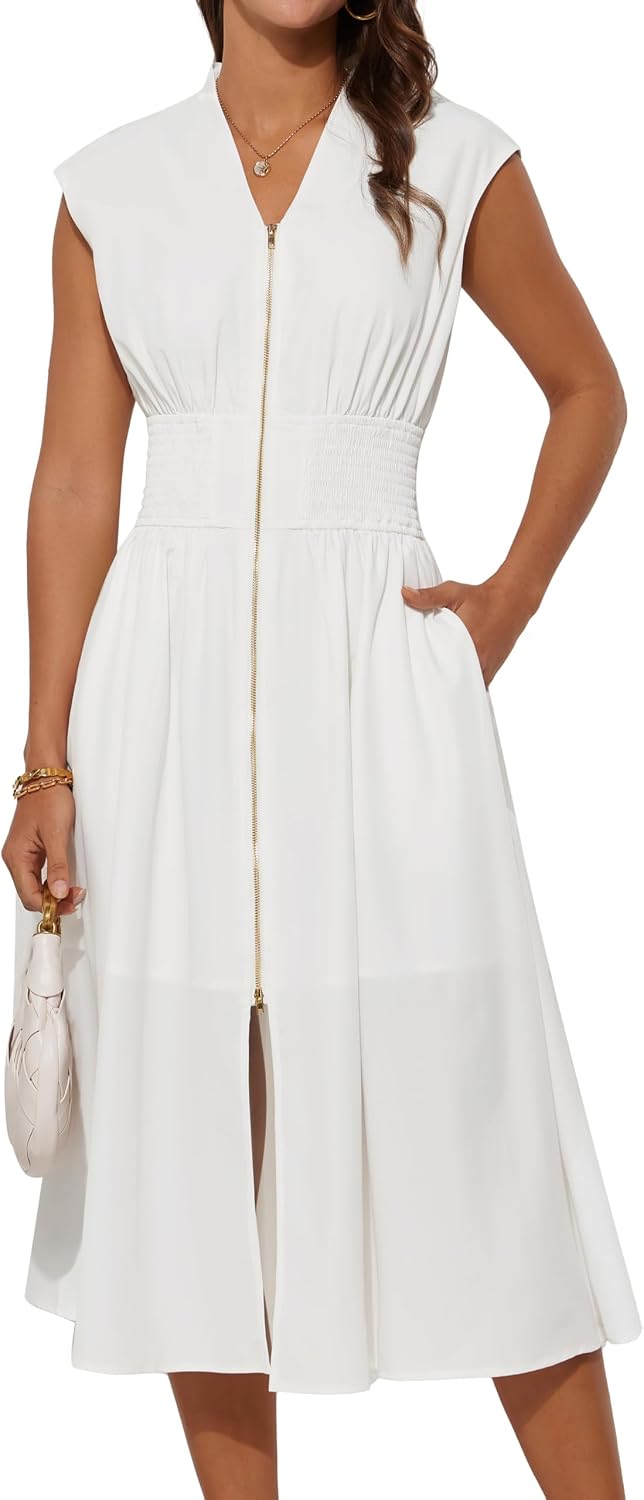 GRACE KARIN Womens Casual Dress, Business Office Work Homecoming Dresses | 2026, Cap Sleeve, Zipper Front, V Neck, Professional, Knee Length, Sleeveless, Flowy, Midi, Fall, Formal, Wedding, Hoco