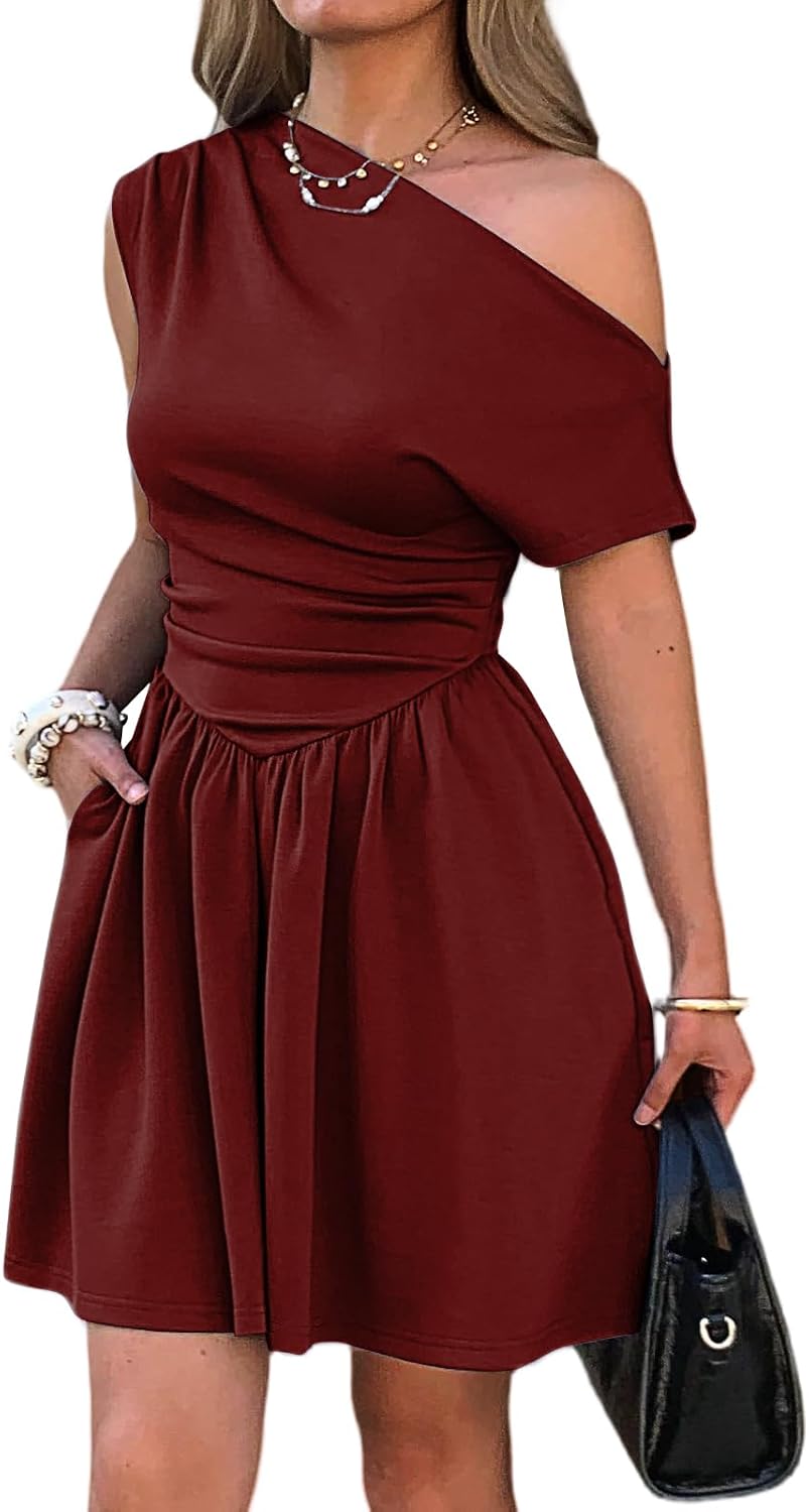 Mieazom Women's One Shoulder Ruched Drop Waist Mini Dress with Pockets | Off The Shoulder,Short Sleeve,Pleated,A Line Flare Short Dress,Semi-Formal Work,Evening Dinner,Cocktail Party Club,Wedding