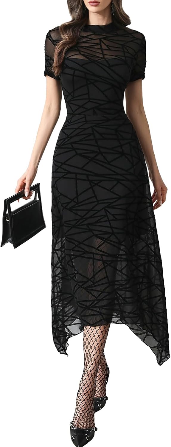 GothDark Women Summer Wedding Guest Floral Mesh Irregular Hem Midi Dress | A-Line, Short Sleeve, Sheer Mesh Overlay, Elegant Vintage Dresses For Party, Semi Formal, Vacation, Dinner, Church