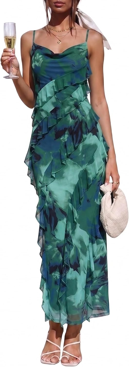 OULESIS Wedding Guest Dress for Women Ruffle Spaghetti Strap Formal Dresses | Summer Wedding Guest Dress for Women 2026 Spaghetti Strap Bodycon Maxi Dress Ruffle Formal Cocktail Dresses
