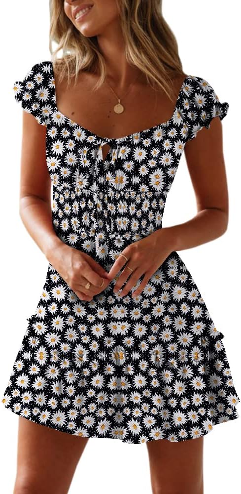 YOBECHO Women Summer Sundress Cap Sleeve Sweetheart Neck Print Mini Dress | Sundresses, Smocked Waist, Boho Floral, Flowy Ruffle Hem, Beach, Country Concert, Date Night