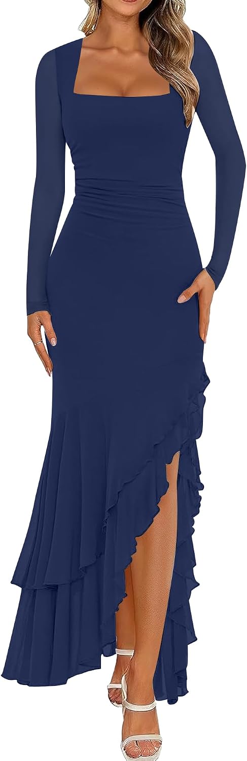 BORIFLORS Women's Bodycon Fall Wedding Guest Long Sleeve Maxi Dress | Mermaid Ruffle, Square Neck, Ruched Mesh,Winter, Elegant, Cocktail Formal Long Dresses