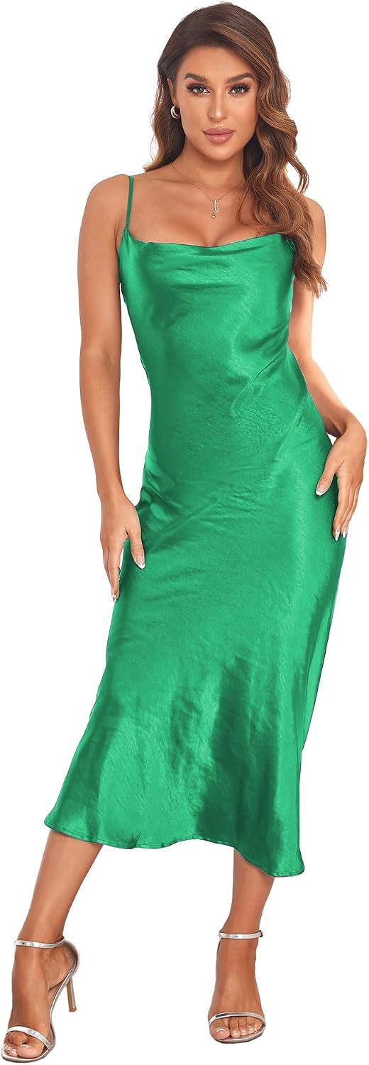 Women's Spaghetti Strap Midi Satin Silk Dresses Slip Cowl Neck Party Cocktail Evening Sexy Dress
