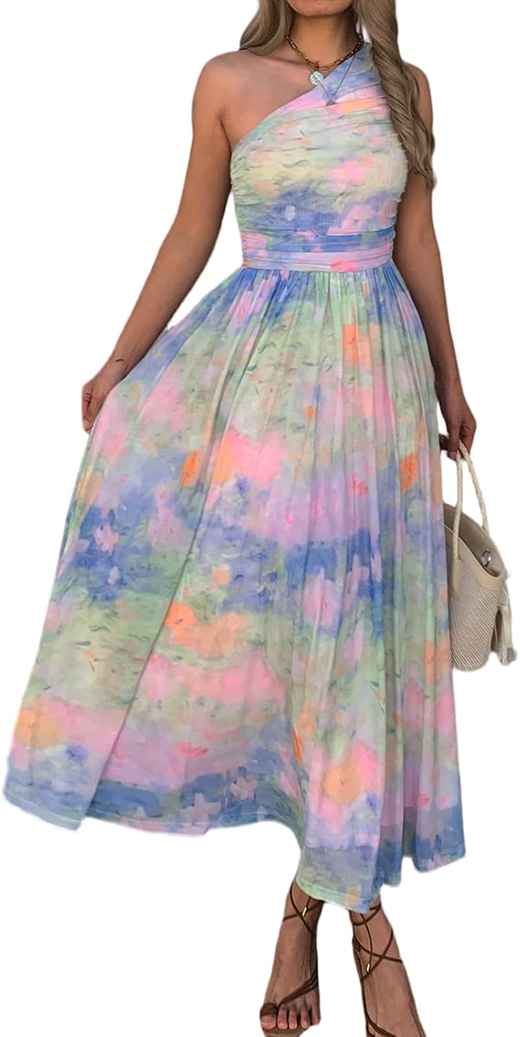 Evzeiem Women One Shoulder Floral Wedding Guest Maxi Dresses | Spring Summer Boho Beach Vacation Resort Dress,Flowy Party Garden Cruise Outfit Sundress, Ruched Mesh Night Out Formal Dress
