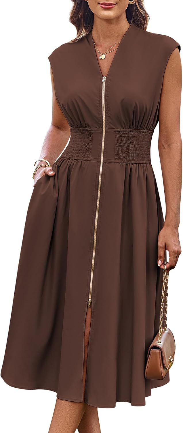 GRACE KARIN Womens Casual Dress, Business Office Work Homecoming Dresses | 2026, Cap Sleeve, Zipper Front, V Neck, Professional, Knee Length, Sleeveless, Flowy, Midi, Fall, Formal, Wedding, Hoco