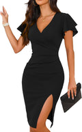 WAYMAKER Women's V Neck Wrap Ruffle Sleeve Bodycon Slit Cocktail Dresses | Ruched Waist, Knee Length, Faux wrap, Wedding Guest, Semi Formal, Evening, Holiday Party, Dinner, Date Night Outfits