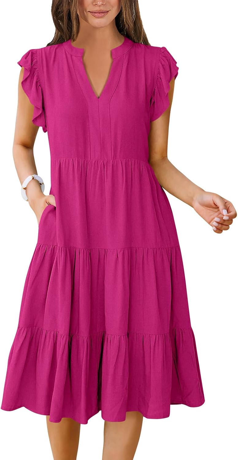 ANRABESS Womens Summer Dress Ruffle Sleeve V Neck Midi Dresses | Flowy Tiered Boho Beach Sundress, Casual Fit Knee Length, Fashion Vacation Work Outfits 2026