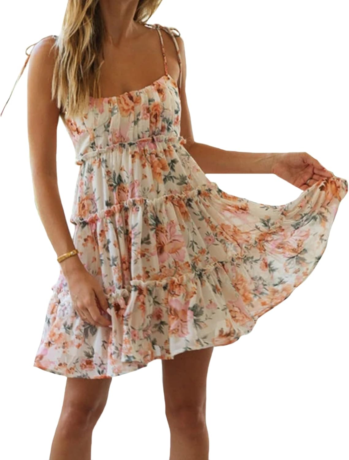 Mansy Boho Floral Mini Dress for Women Spaghetti Strap Ruffle Sundress | 2026 cottagecore A-line skater cut,adjustable straps & smocked bust. Casual wear for beach,school,vacation