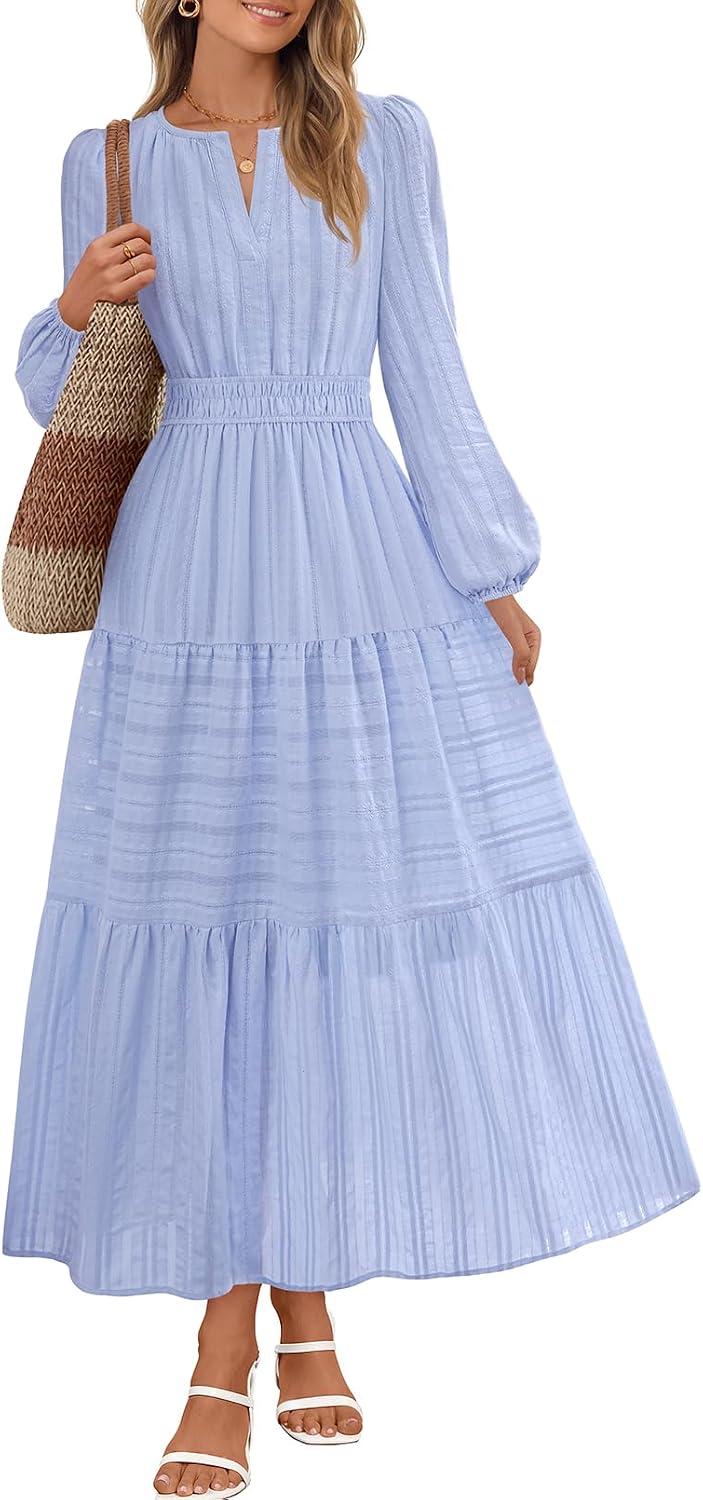MEROKEETY Womens Fall Puff Long Sleeve Casual V Neck Modest Midi Maxi Dress | 2026, Cotton, with Pockets, Eyelets, Shirred Waist, Tiered, Lined, Winter, Boho, Relaxed Fit, Church, Elegant, Bridal Shower