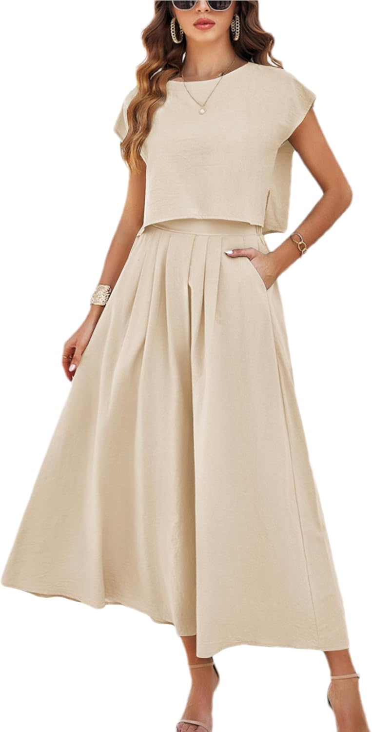 HangNiFang Summer Skirt Sets Women 2 Piece Outfits Maxi Dress Sets Pocketed | Cap Sleeve Side Split Tops, Elastic Waist Maxi Dress, Two Piece Skirt Sets, Two Side Pockets, Flowy Skirt, Cool Fabric