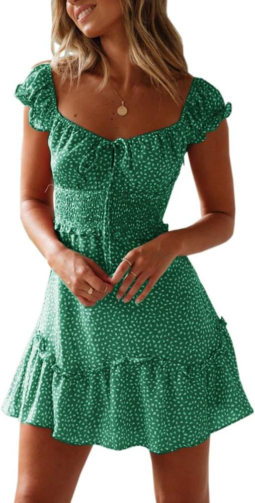 YOBECHO Women Summer Sundress Cap Sleeve Sweetheart Neck Print Mini Dress | Sundresses, Smocked Waist, Boho Floral, Flowy Ruffle Hem, Beach, Country Concert, Date Night