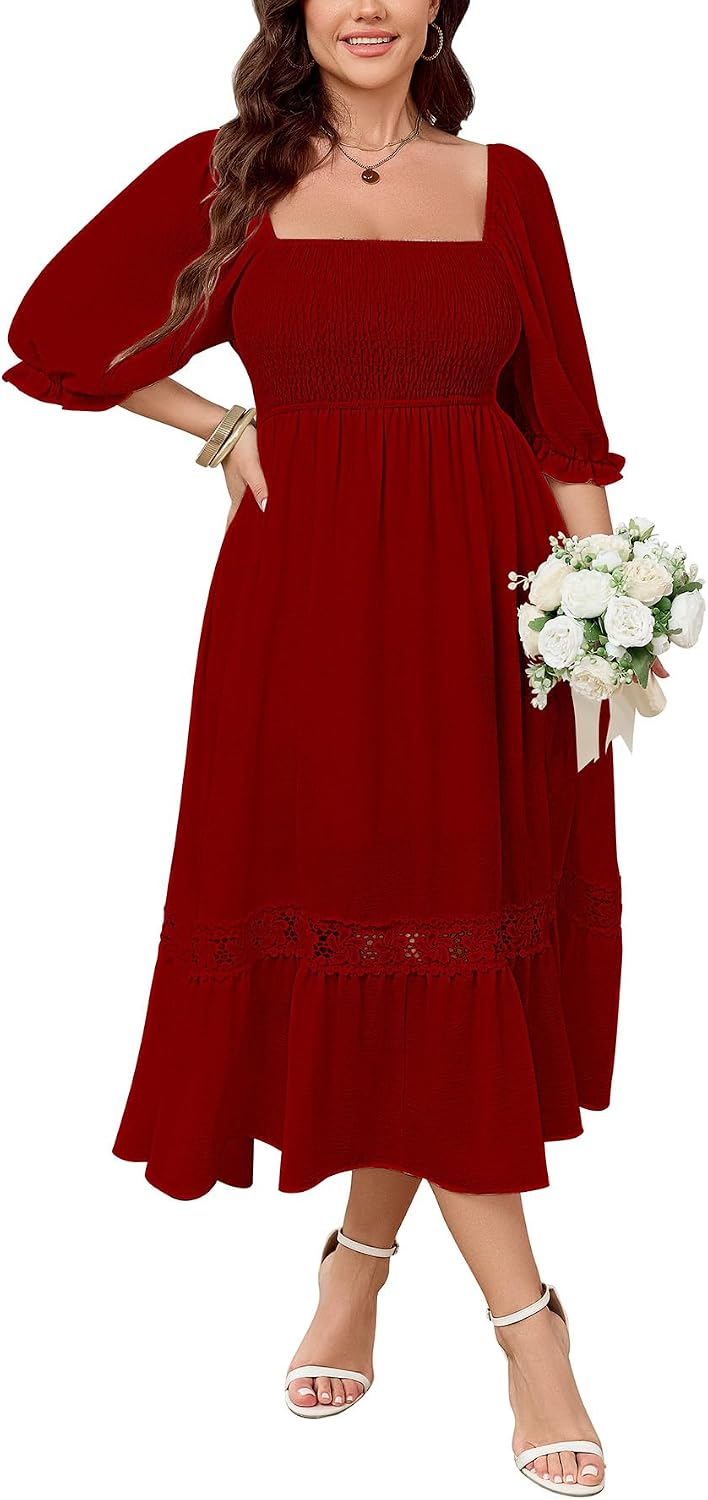 SCOMCHIC Womens 2026 Plus Size Fall Dresses White Bridal Shower Maxi Dress | Square Neck, Smocked, Spring, Flowy A-Line, Lace Trim, Boho, Wedding Guest, Tea Party Dress