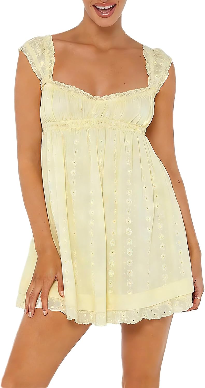 Cjfdfy Women's Floral Embroidered Babydoll Mini Dress | Summer Sundress, Casual Loose Fit, A-Line Flowy, Sleeveless Square Neck, Ruffle Thick Strap, Beach Vacation Country Clothes