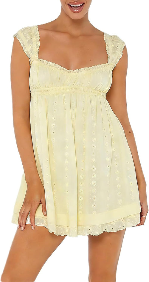 Cjfdfy Women's Floral Embroidered Babydoll Mini Dress | Summer Sundress, Casual Loose Fit, A-Line Flowy, Sleeveless Square Neck, Ruffle Thick Strap, Beach Vacation Country Clothes
