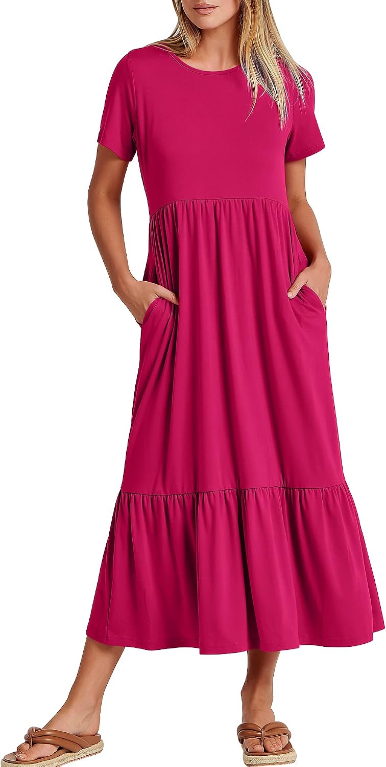 ANRABESS Womens 2026 Summer Casual Short Sleeve Maxi Dress with Pockets | A-Line Tiered Flowy Crewneck T Shirt Dresses，Comfy Modest Long Dress，Beach Travel Vacation Sundress，Work Teacher Outfits