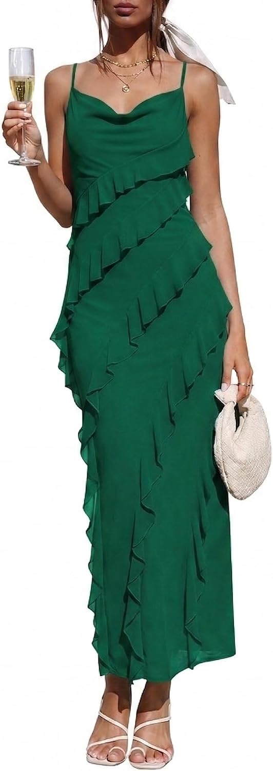 OULESIS Wedding Guest Dress for Women Ruffle Spaghetti Strap Formal Dresses | Summer Wedding Guest Dress for Women 2026 Spaghetti Strap Bodycon Maxi Dress Ruffle Formal Cocktail Dresses