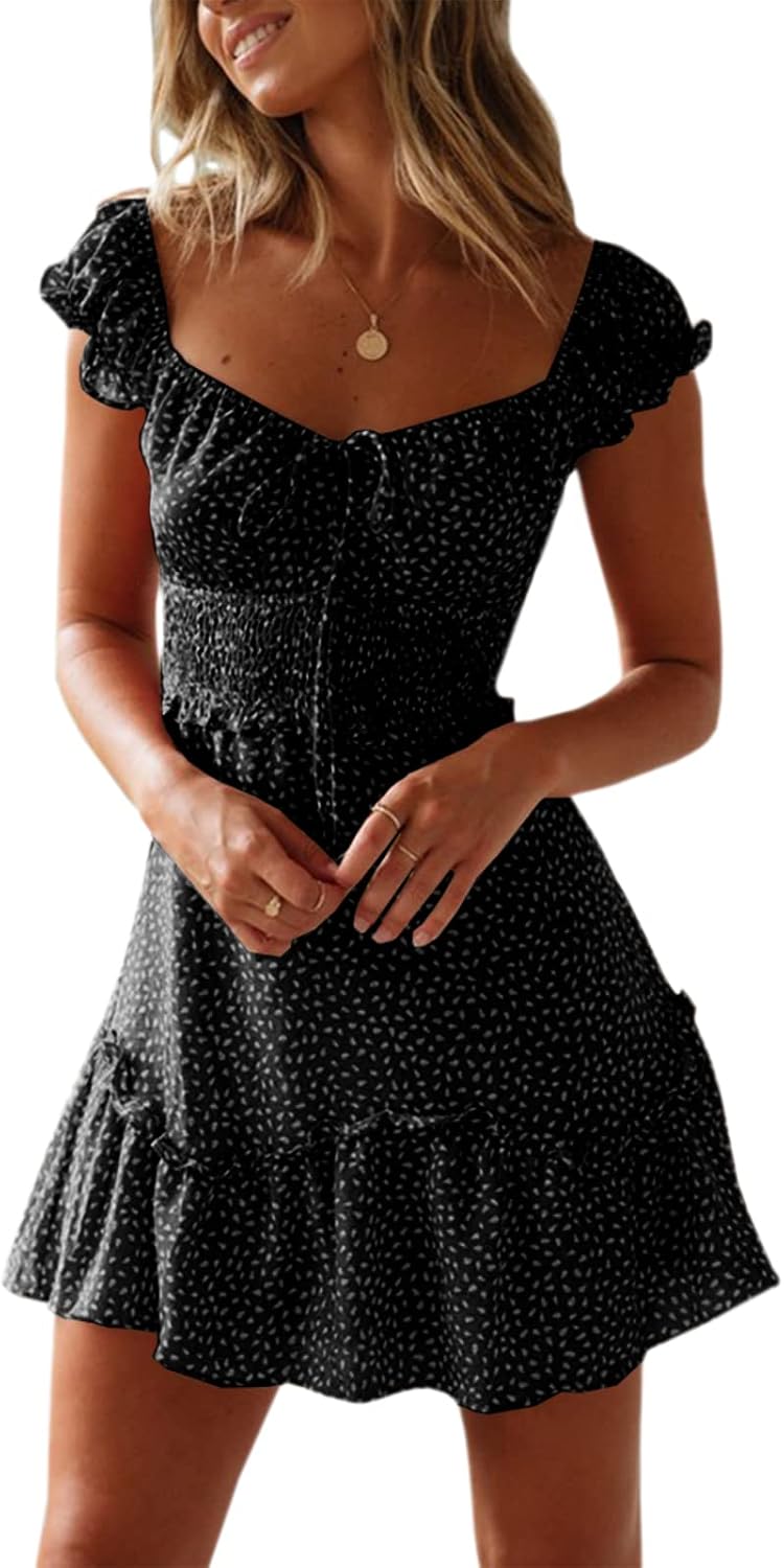 YOBECHO Women Summer Sundress Cap Sleeve Sweetheart Neck Print Mini Dress | Sundresses, Smocked Waist, Boho Floral, Flowy Ruffle Hem, Beach, Country Concert, Date Night