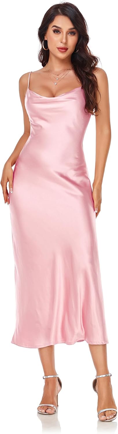 Women's Spaghetti Strap Midi Satin Silk Dresses Slip Cowl Neck Party Cocktail Evening Sexy Dress