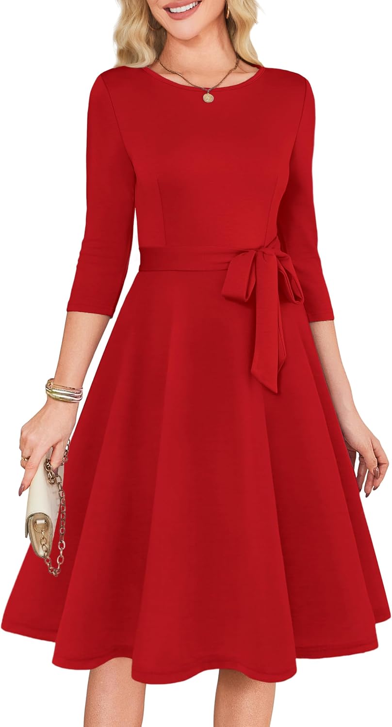 RUMIA Womens Cocktail Dresses 3\/4 Sleeve Dress with Belt (XS-3XL) | Wrinkle-resistant & Tummy-flattering Vintage Fit. Ideal for Wedding Guest, Church, Work, Vacation & Holiday events.