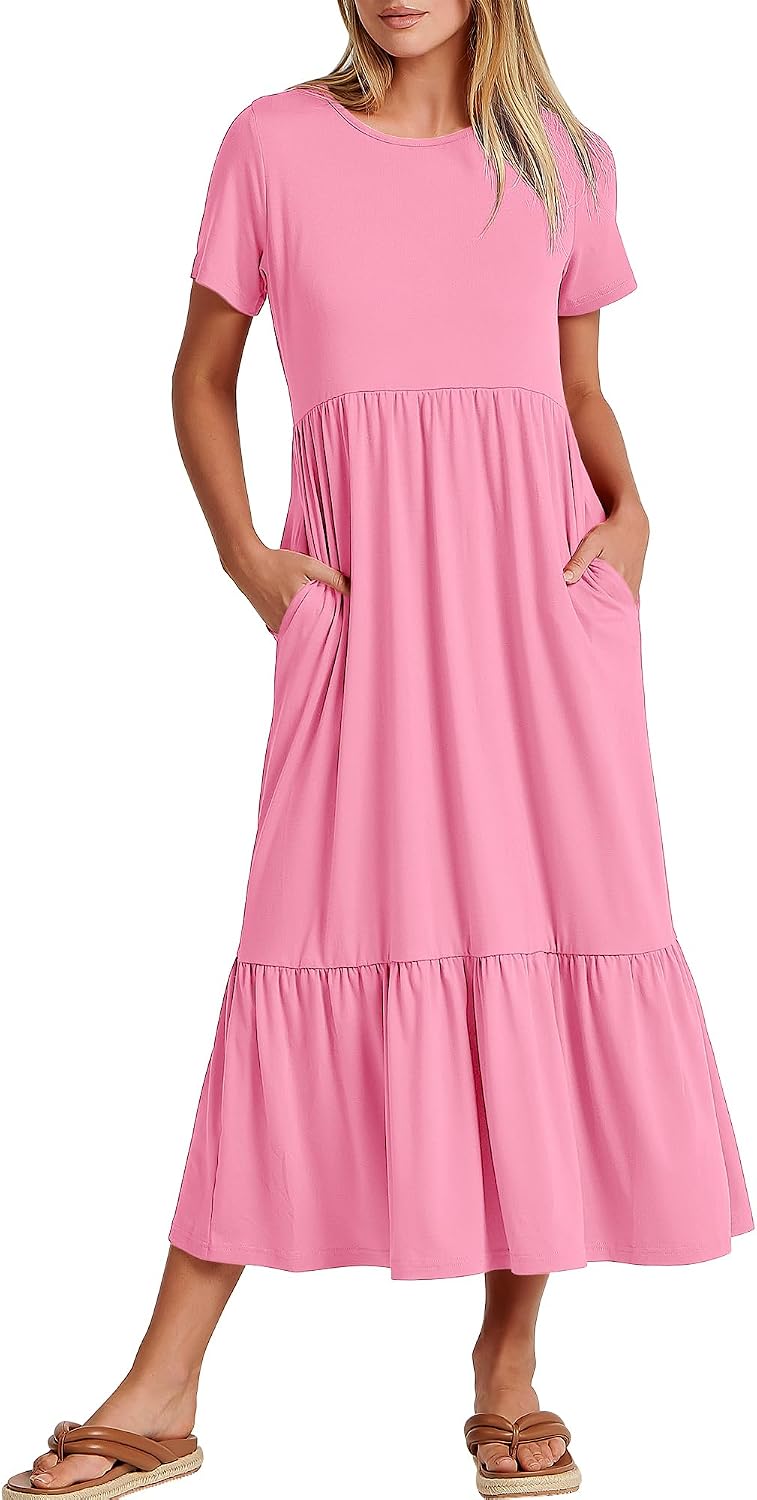ANRABESS Womens 2026 Summer Casual Short Sleeve Maxi Dress with Pockets | A-Line Tiered Flowy Crewneck T Shirt Dresses，Comfy Modest Long Dress，Beach Travel Vacation Sundress，Work Teacher Outfits