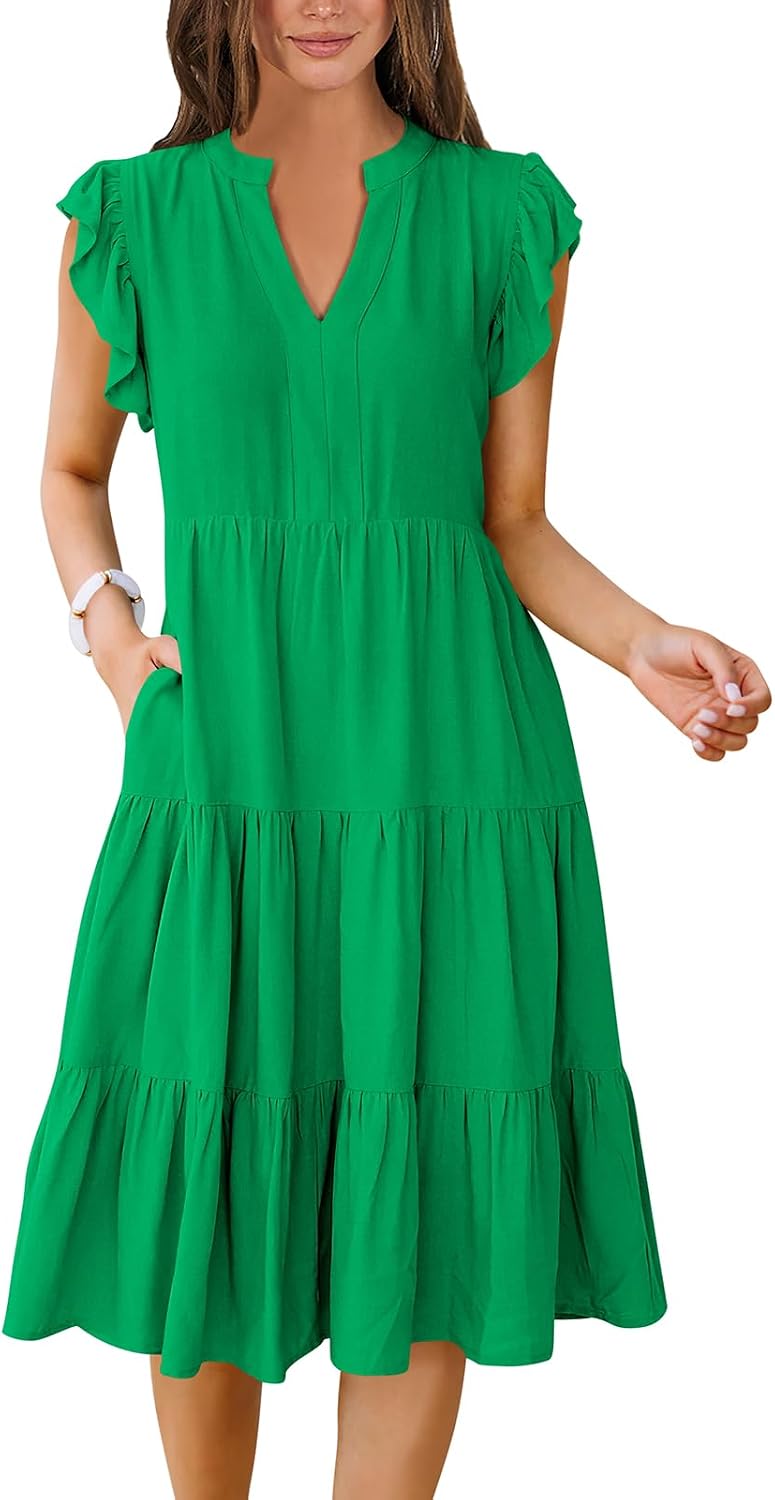 ANRABESS Womens Summer Dress Ruffle Sleeve V Neck Midi Dresses | Flowy Tiered Boho Beach Sundress, Casual Fit Knee Length, Fashion Vacation Work Outfits 2026