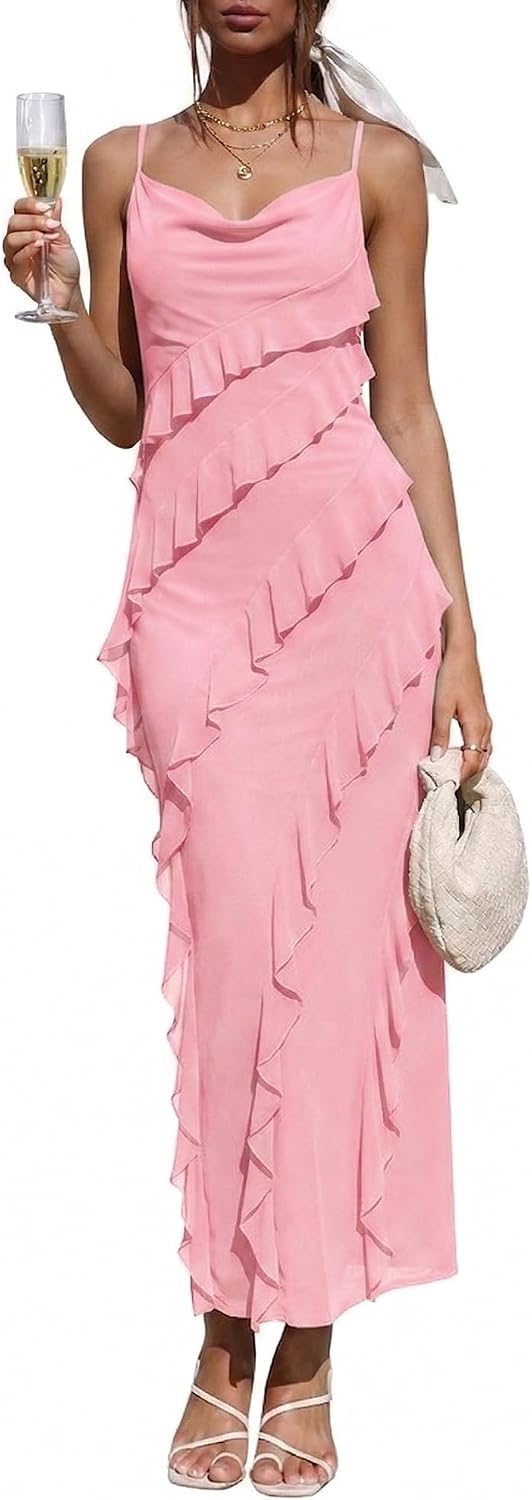 OULESIS Wedding Guest Dress for Women Ruffle Spaghetti Strap Formal Dresses | Summer Wedding Guest Dress for Women 2026 Spaghetti Strap Bodycon Maxi Dress Ruffle Formal Cocktail Dresses