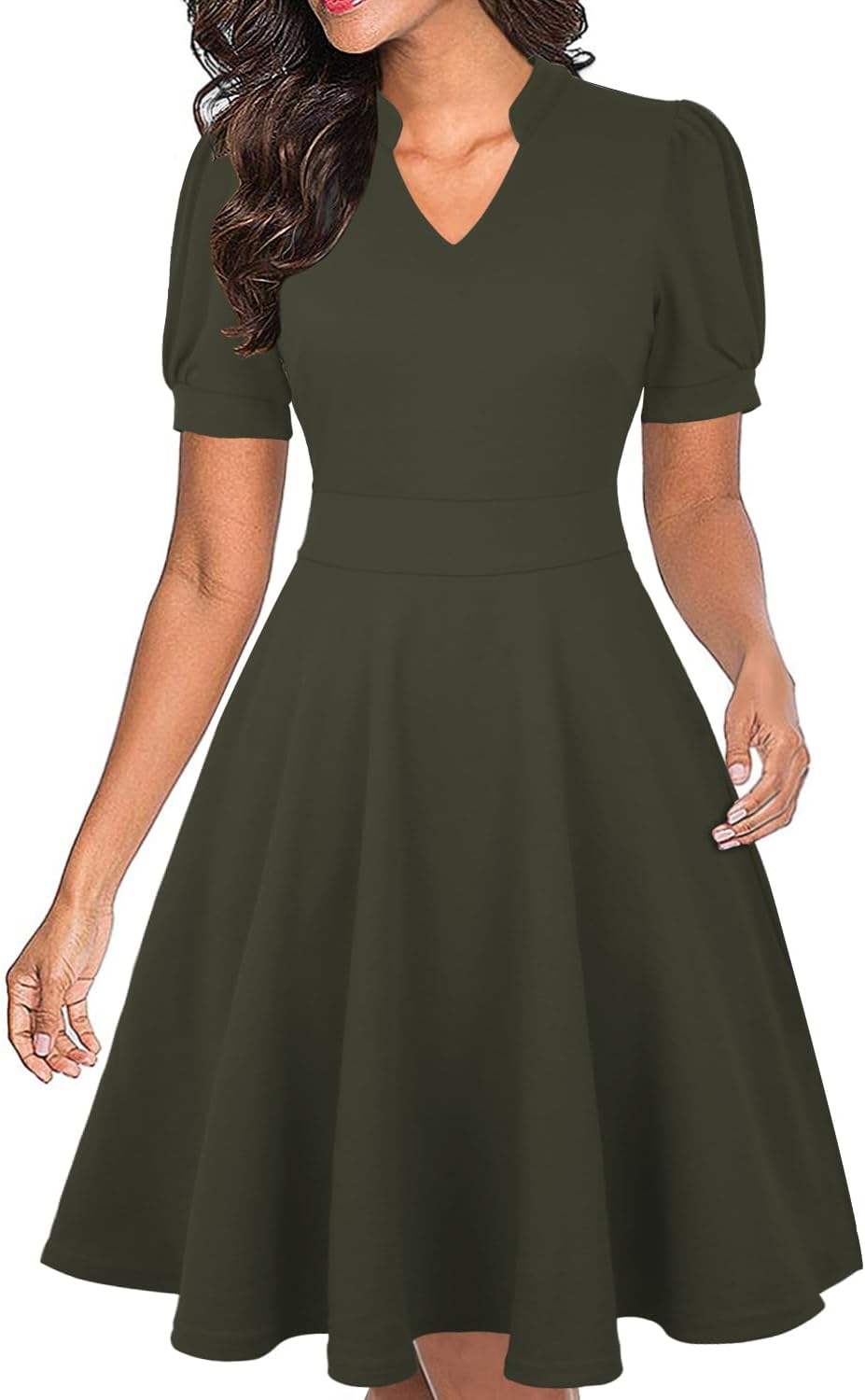 Mokayee Womens Summer Short Puff Sleeve Casual Semi-Formal Fit and Flare Church Wedding Guest Work Dresses with Pockets