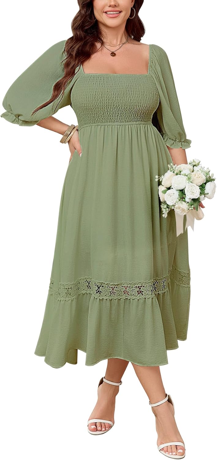 SCOMCHIC Womens 2026 Plus Size Fall Dresses White Bridal Shower Maxi Dress | Square Neck, Smocked, Spring, Flowy A-Line, Lace Trim, Boho, Wedding Guest, Tea Party Dress