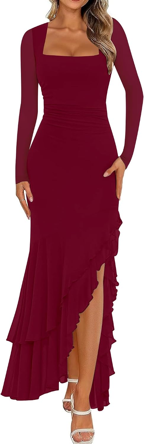 BORIFLORS Women's Bodycon Fall Wedding Guest Long Sleeve Maxi Dress | Mermaid Ruffle, Square Neck, Ruched Mesh,Winter, Elegant, Cocktail Formal Long Dresses