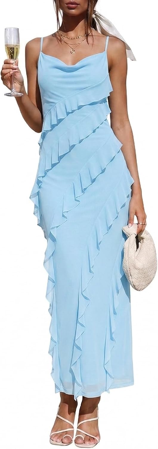 OULESIS Wedding Guest Dress for Women Ruffle Spaghetti Strap Formal Dresses | Summer Wedding Guest Dress for Women 2026 Spaghetti Strap Bodycon Maxi Dress Ruffle Formal Cocktail Dresses