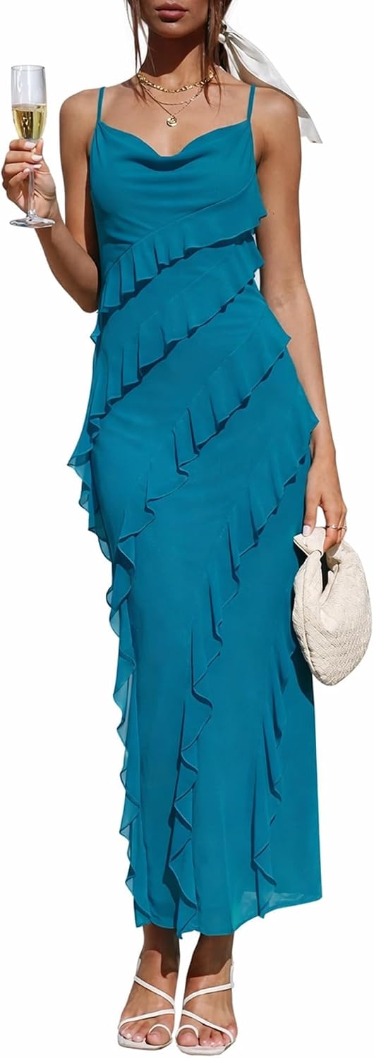 OULESIS Wedding Guest Dress for Women Ruffle Spaghetti Strap Formal Dresses | Summer Wedding Guest Dress for Women 2026 Spaghetti Strap Bodycon Maxi Dress Ruffle Formal Cocktail Dresses