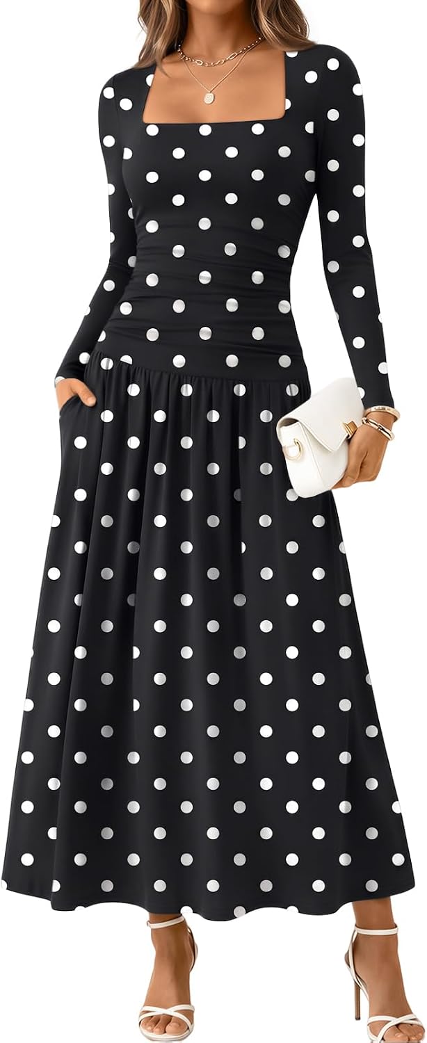 Trendy Queen Womens Fall Long Sleeve Wedding Guest Dresses with Pockets | 2026 Modest Winter Fashion, Elegant Flowy Drop Waist Maxi Dress, Classic Polka Dot, Formal Evening Cocktail Party Outfits