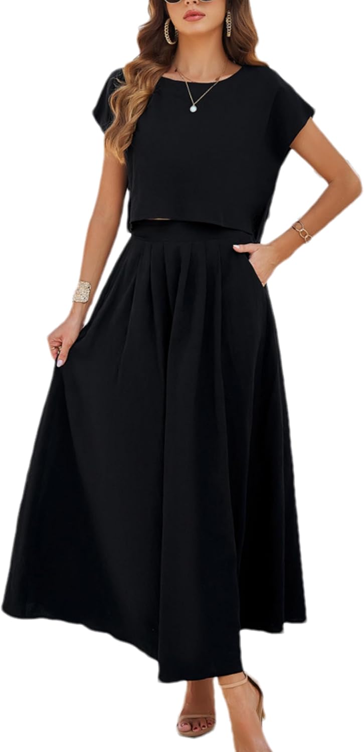 HangNiFang Summer Skirt Sets Women 2 Piece Outfits Maxi Dress Sets Pocketed | Cap Sleeve Side Split Tops, Elastic Waist Maxi Dress, Two Piece Skirt Sets, Two Side Pockets, Flowy Skirt, Cool Fabric