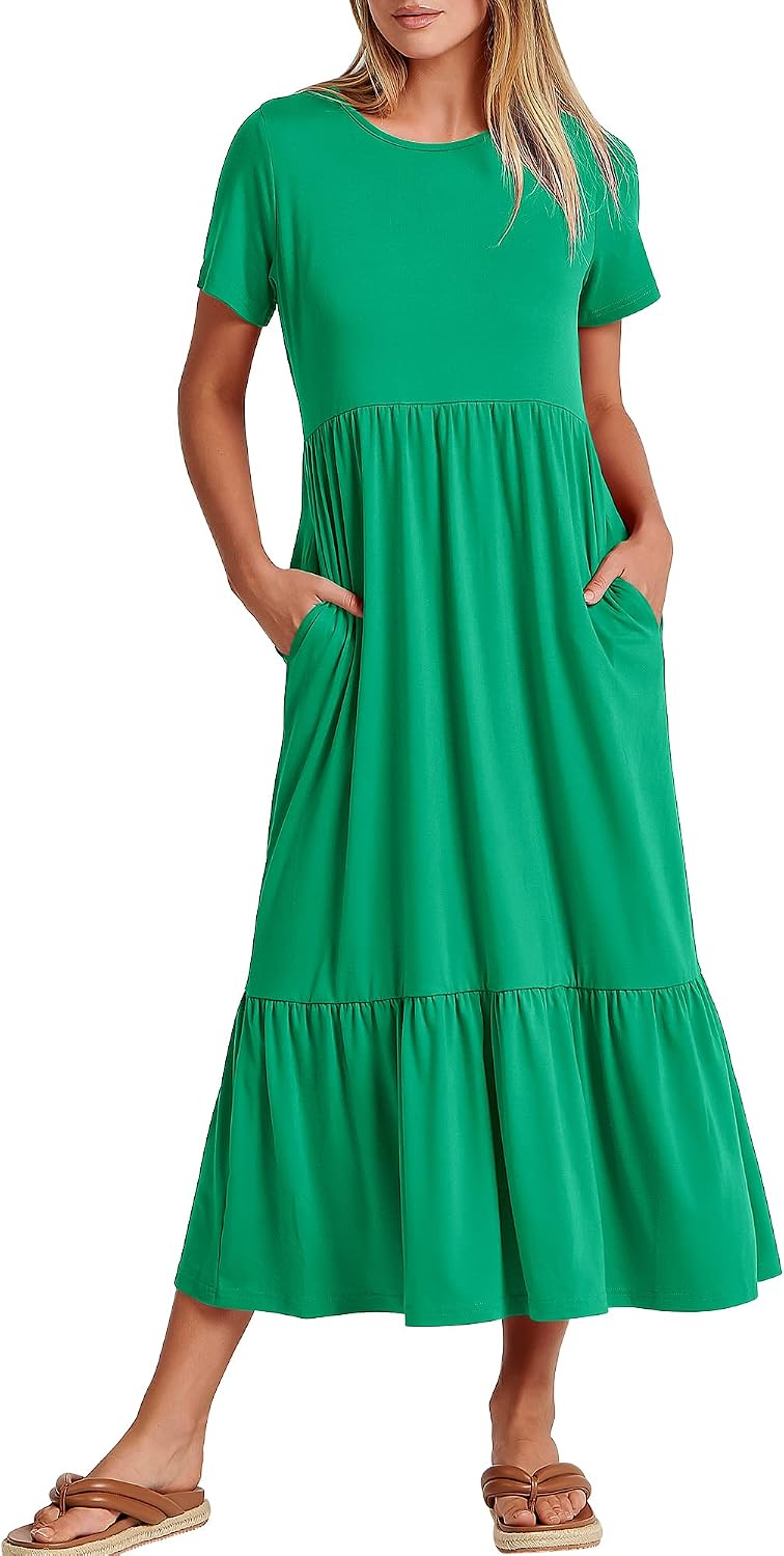 ANRABESS Womens 2026 Summer Casual Short Sleeve Maxi Dress with Pockets | A-Line Tiered Flowy Crewneck T Shirt Dresses，Comfy Modest Long Dress，Beach Travel Vacation Sundress，Work Teacher Outfits