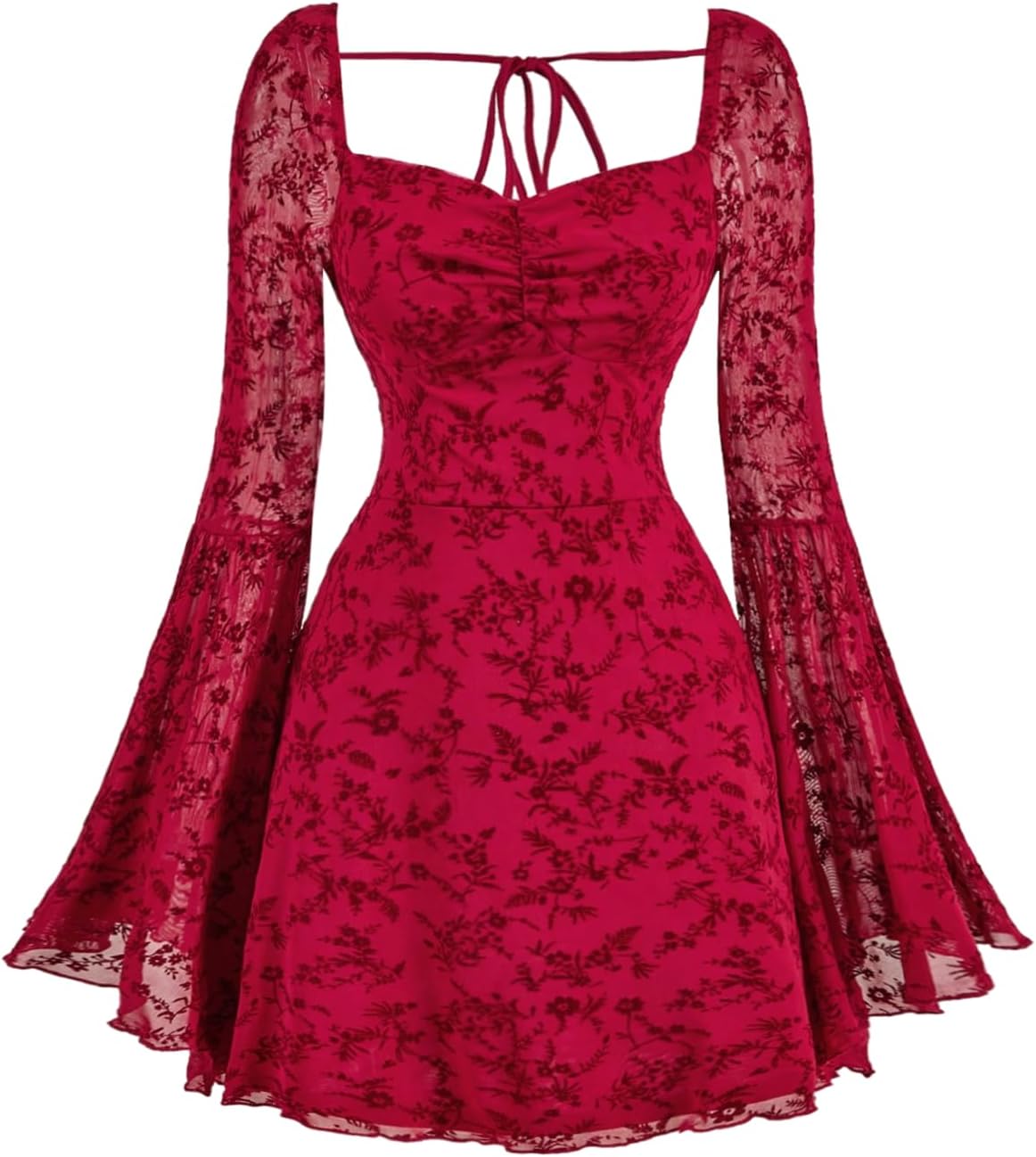WDIRARA Women's Floral Jacquard Gothic Bell Long Sleeve Dress | Mesh , A Line, Vintage