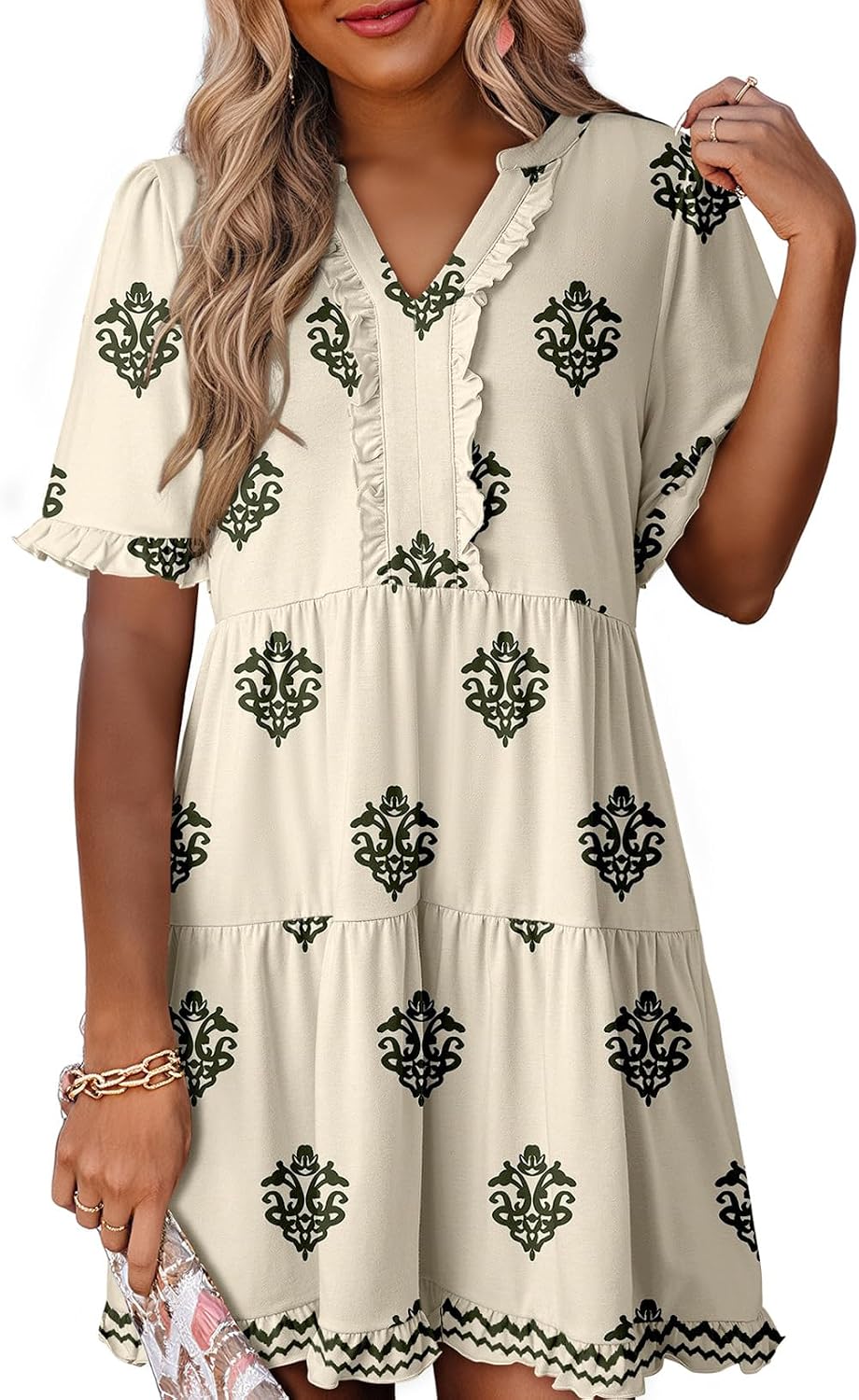Dokotoo Womens A Line Babydoll Casual Summer Dresses with Pockets | Short Sleeve, V Neck, Hide Tummy, Cute Flowy Western Dress, Mini Short Casual Dress for Graduation Party Date Night Teacher