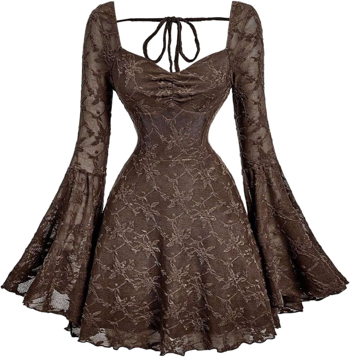 WDIRARA Women's Floral Jacquard Gothic Bell Long Sleeve Dress | Mesh , A Line, Vintage