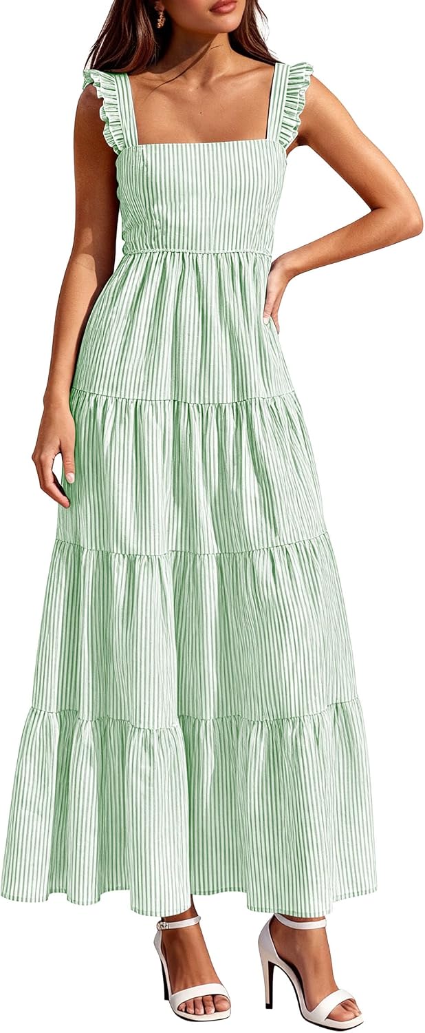 PRETTYGARDEN Women's Summer Striped Maxi Sun Dresses | Sleeveless Square Neck, Flowy Long, Back Smocked, Fit and Flare, Tiered A Line, Pockets, Casual Boho, Beach Vacation Clothes