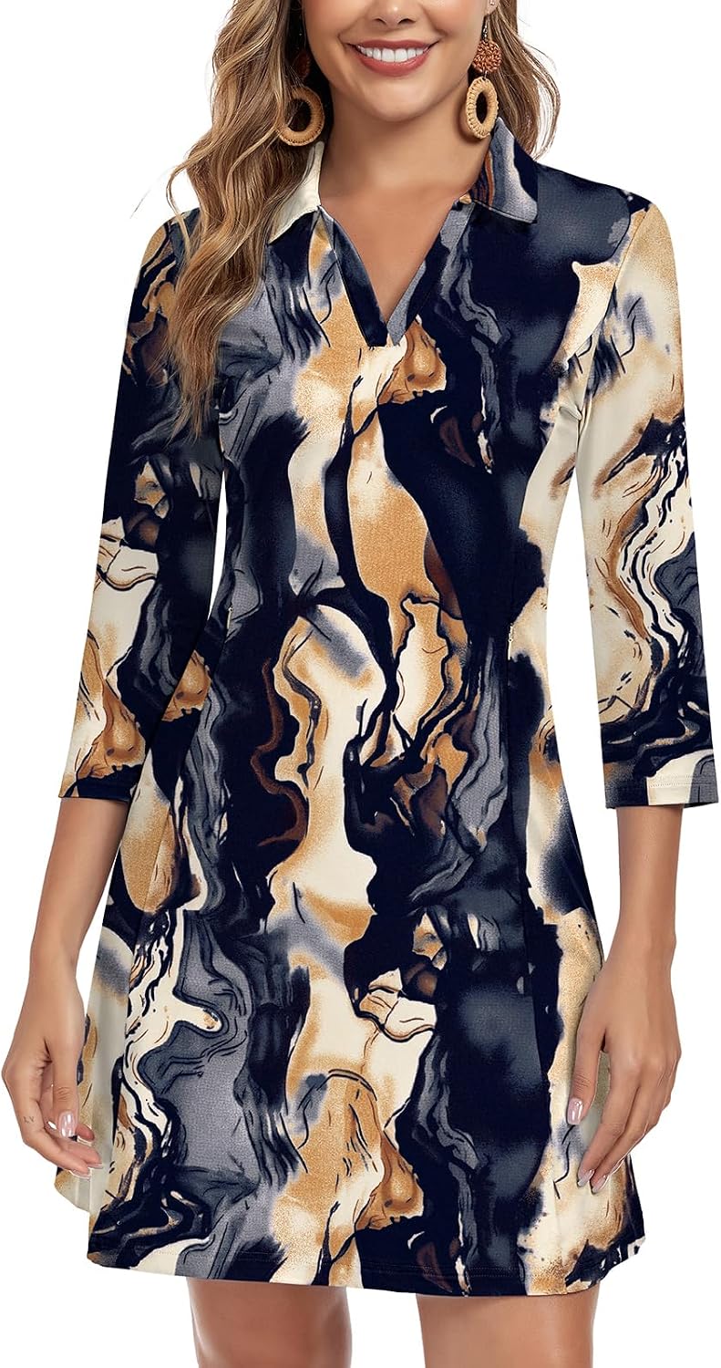 WOWENY 3\/4 Sleeve Dress for Women with Pockets V Neck UPF 50+ Casual Sun Dress Breathable Quick Dry Beach Vacation