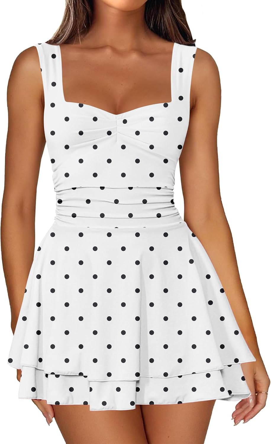 IWD Women's Square Neck Sleeveless Mini Dress Corset A Line Short Dresses | Ruched Waist Flowy Tiered Ruffle Hem Party Dresses