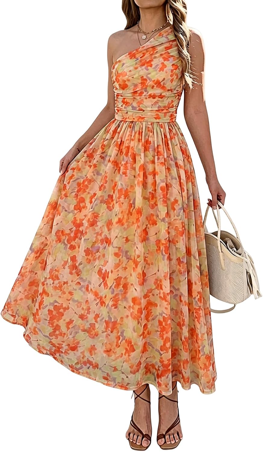 Evzeiem Women One Shoulder Floral Wedding Guest Maxi Dresses | Spring Summer Boho Beach Vacation Resort Dress,Flowy Party Garden Cruise Outfit Sundress, Ruched Mesh Night Out Formal Dress